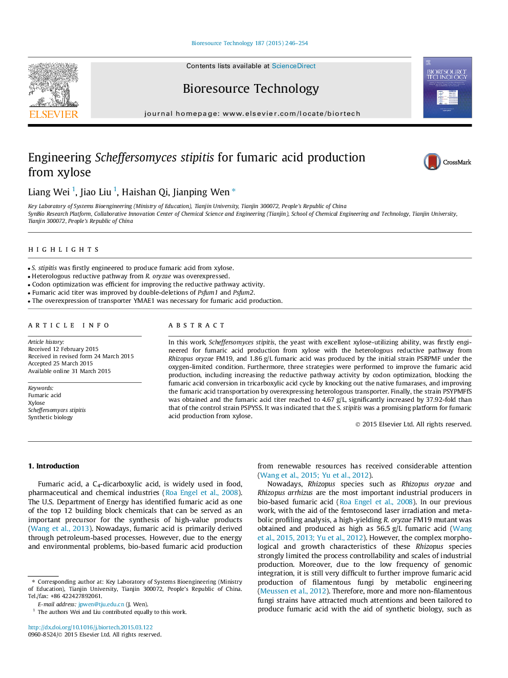 Engineering Scheffersomyces stipitis for fumaric acid production from xylose