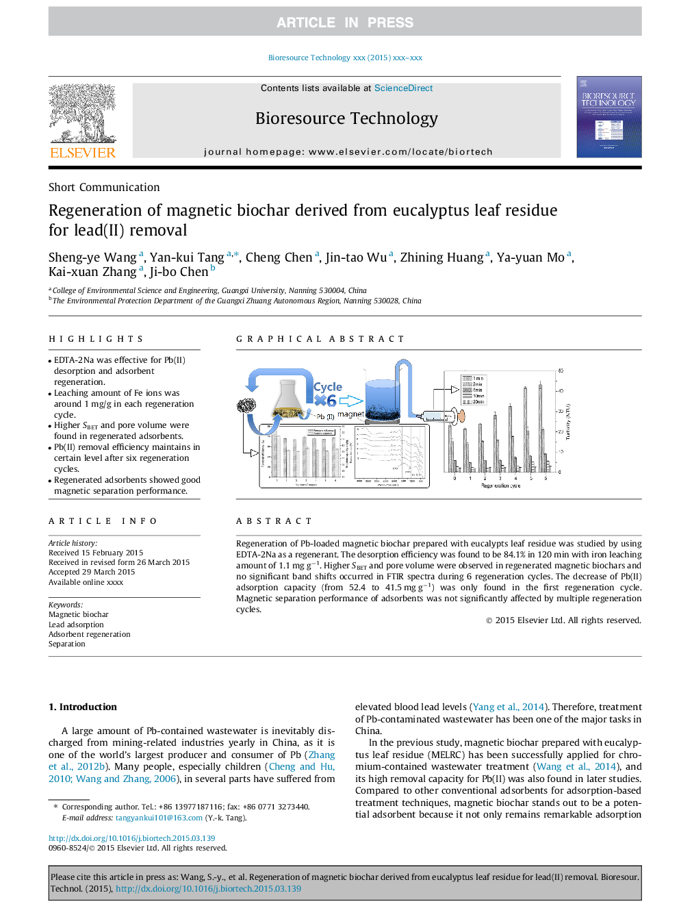 Regeneration of magnetic biochar derived from eucalyptus leaf residue for lead(II) removal