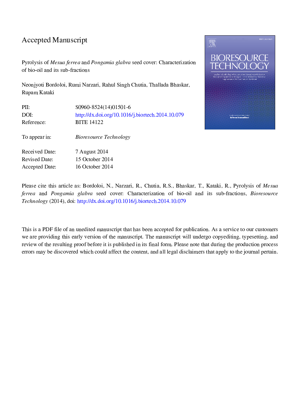 Pyrolysis of Mesua ferrea and Pongamia glabra seed cover: Characterization of bio-oil and its sub-fractions