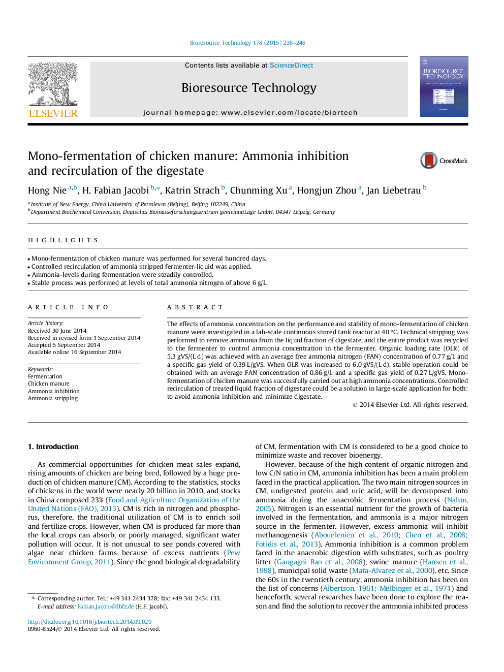 Mono-fermentation of chicken manure: Ammonia inhibition and recirculation of the digestate