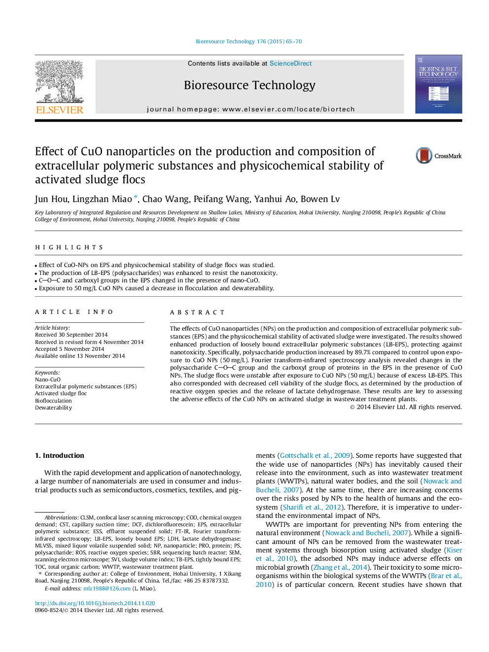 Effect of CuO nanoparticles on the production and composition of extracellular polymeric substances and physicochemical stability of activated sludge flocs