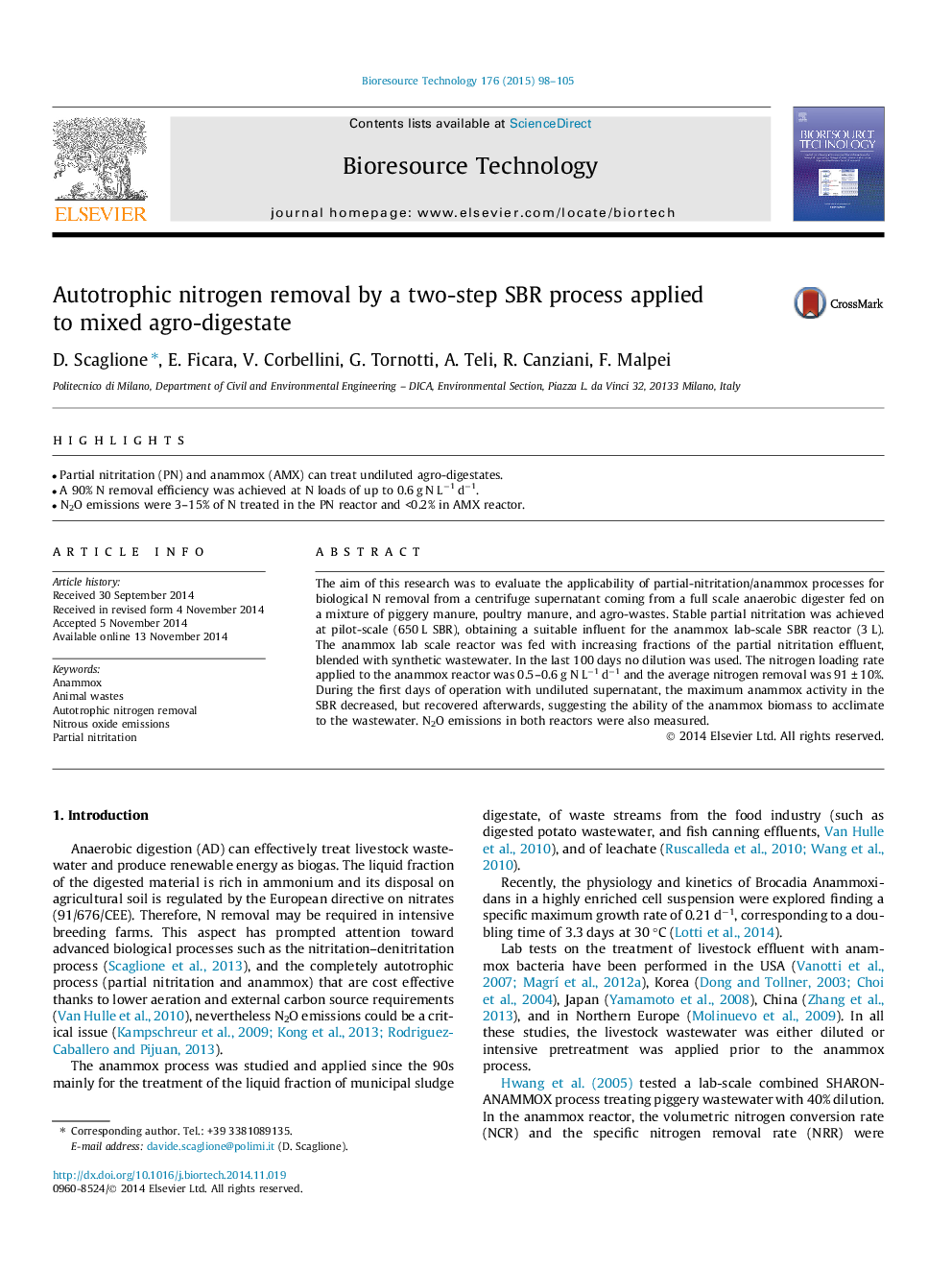 Autotrophic nitrogen removal by a two-step SBR process applied to mixed agro-digestate