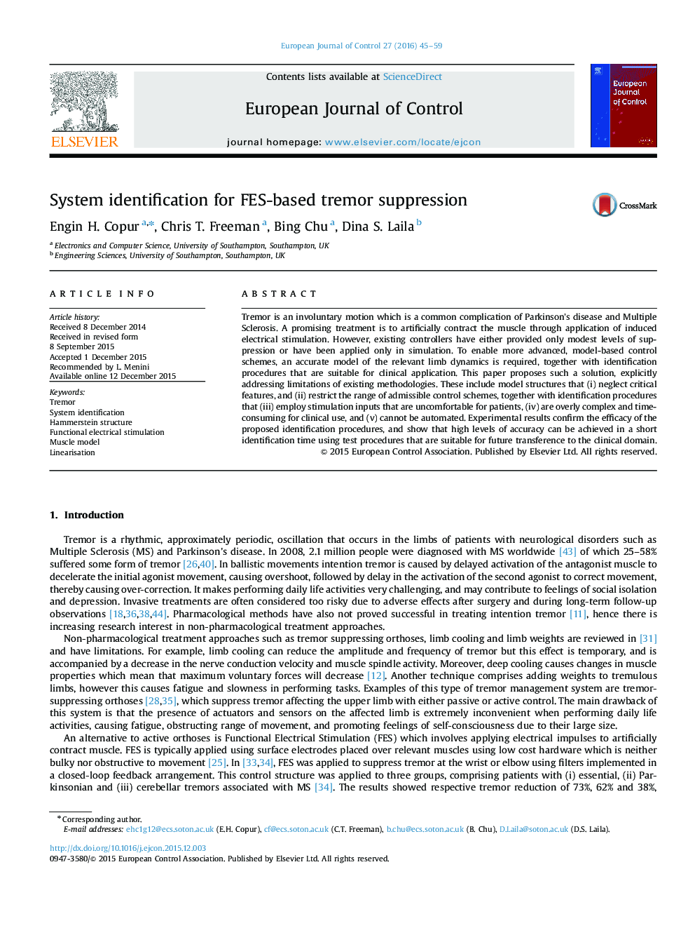 System identification for FES-based tremor suppression