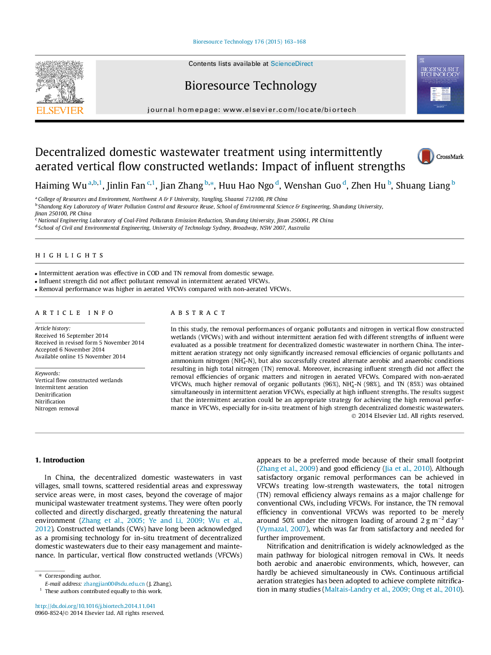 Decentralized domestic wastewater treatment using intermittently aerated vertical flow constructed wetlands: Impact of influent strengths