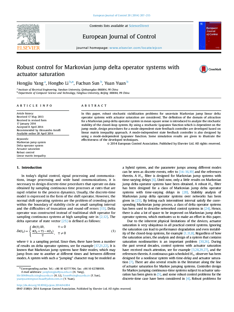 Robust control for Markovian jump delta operator systems with actuator saturation