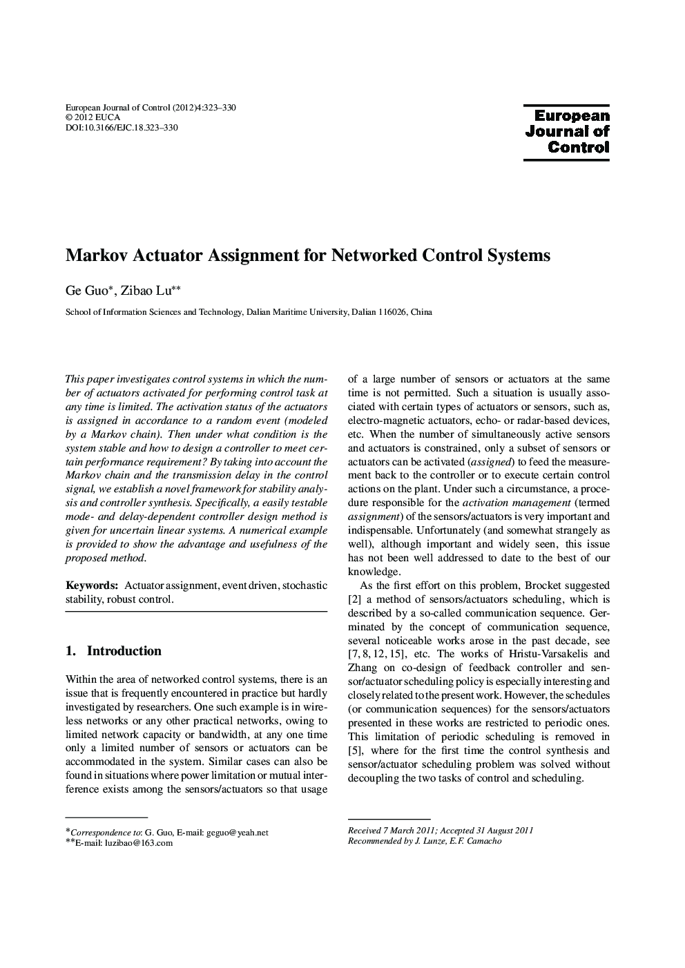 Markov Actuator Assignment for Networked Control Systems