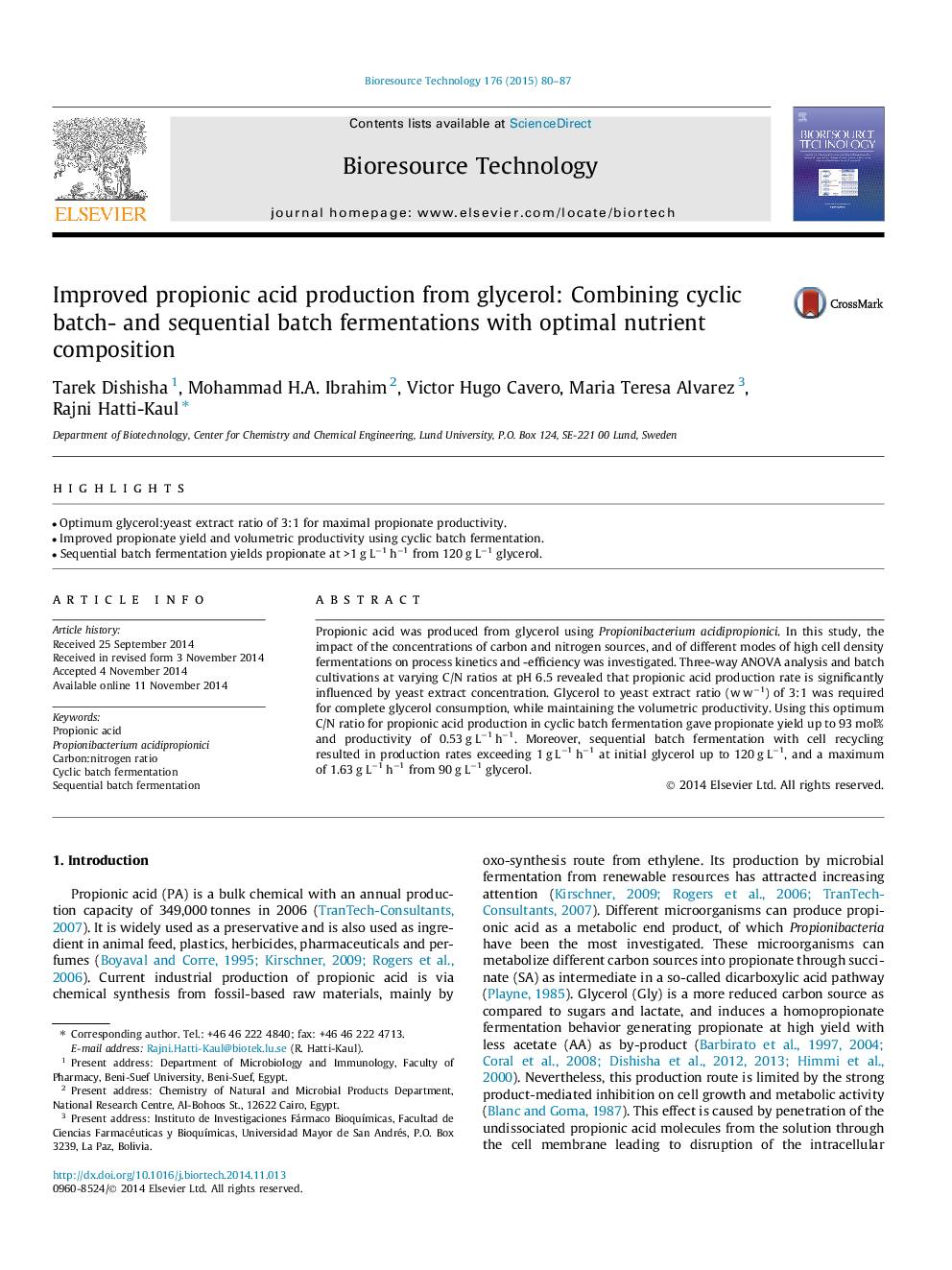 Improved propionic acid production from glycerol: Combining cyclic batch- and sequential batch fermentations with optimal nutrient composition