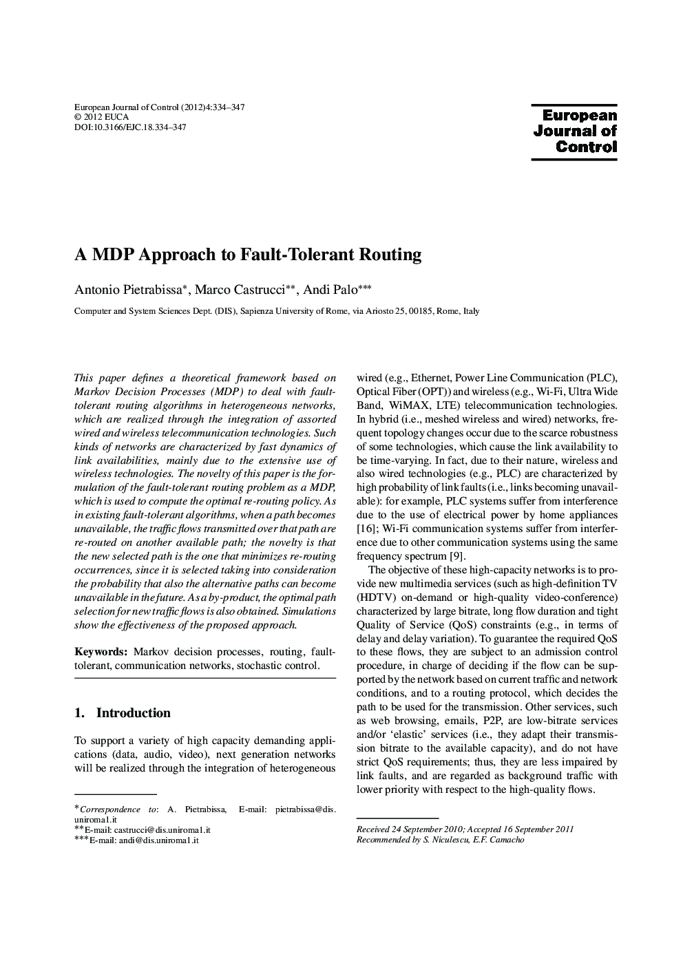 A MDP Approach to Fault-Tolerant Routingg