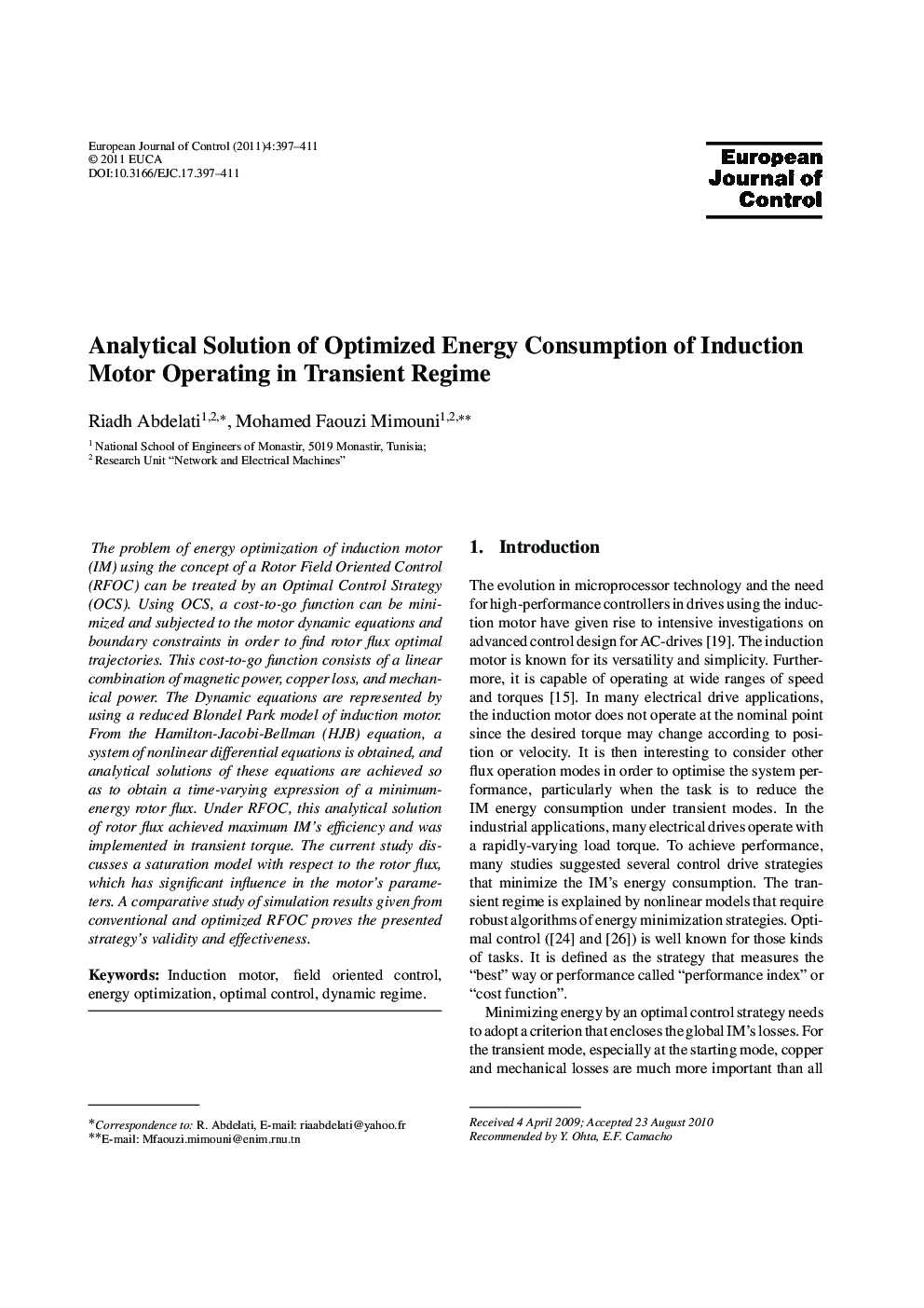 Analytical Solution of Optimized Energy Consumption of Induction Motor Operating in Transient Regime