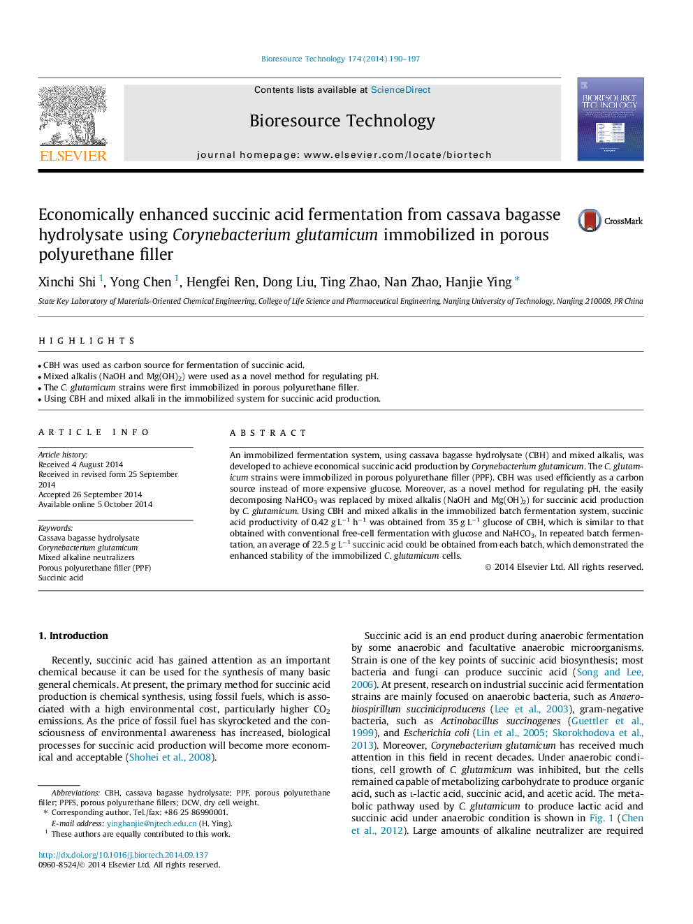 Economically enhanced succinic acid fermentation from cassava bagasse hydrolysate using Corynebacterium glutamicum immobilized in porous polyurethane filler