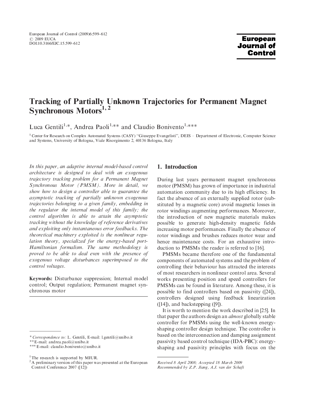 Tracking of Partially Unknown Trajectories for Permanent Magnet Synchronous Motors1, ,2