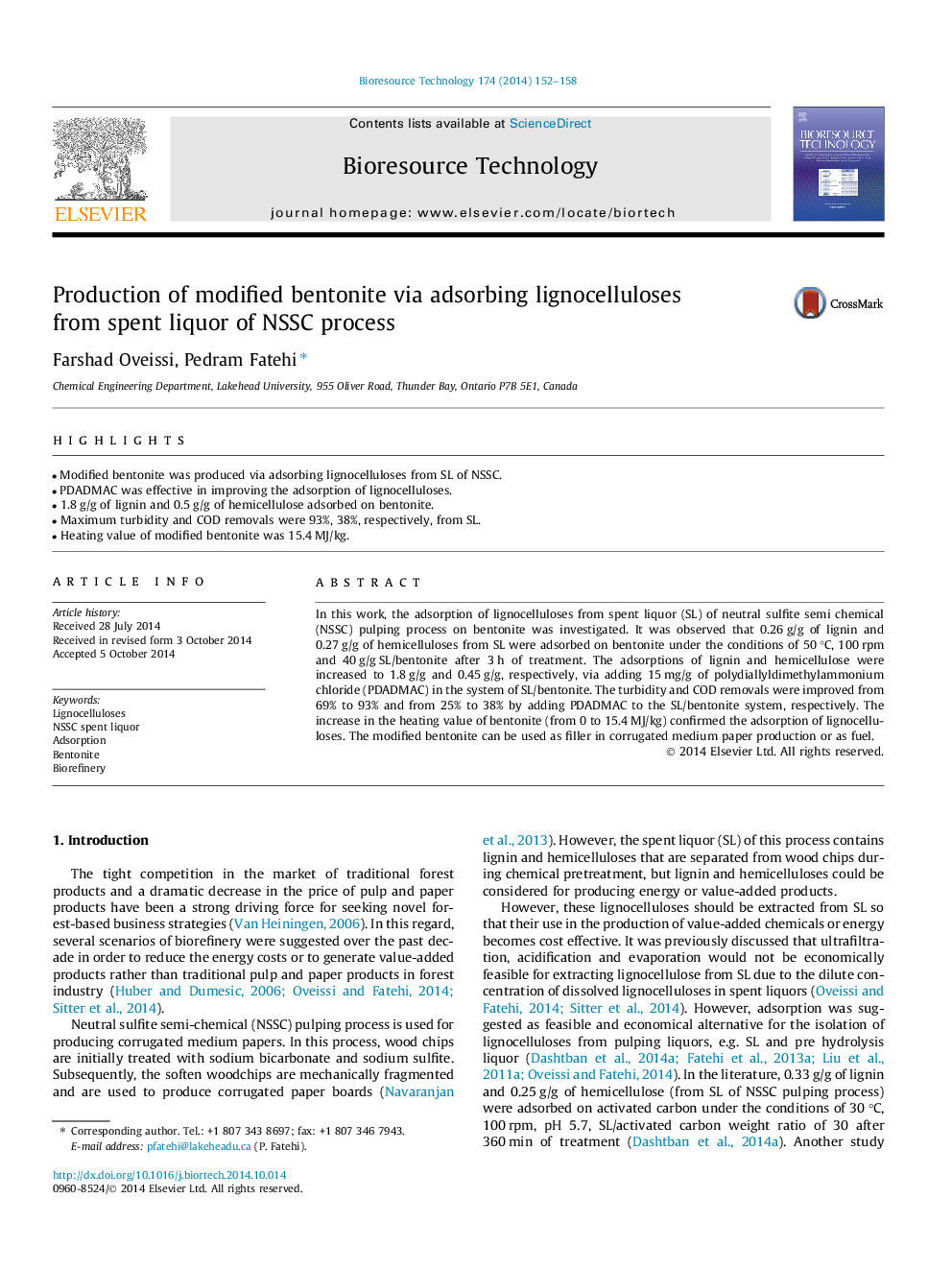 Production of modified bentonite via adsorbing lignocelluloses from spent liquor of NSSC process