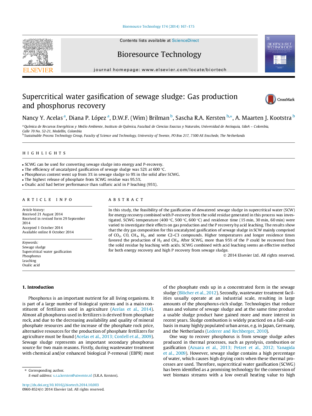 Supercritical water gasification of sewage sludge: Gas production and phosphorus recovery