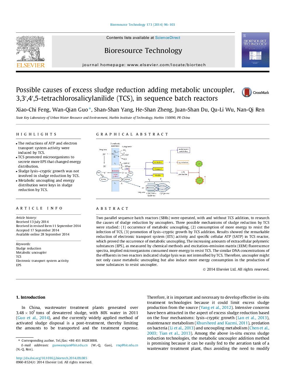 Possible causes of excess sludge reduction adding metabolic uncoupler, 3,3â²,4â²,5-tetrachlorosalicylanilide (TCS), in sequence batch reactors