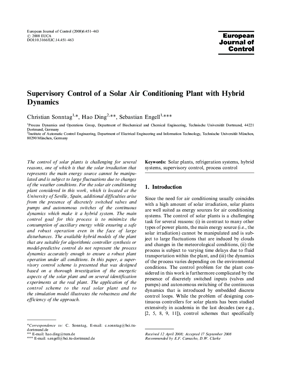 Supervisory Control of a Solar Air Conditioning Plant with Hybrid Dynamics