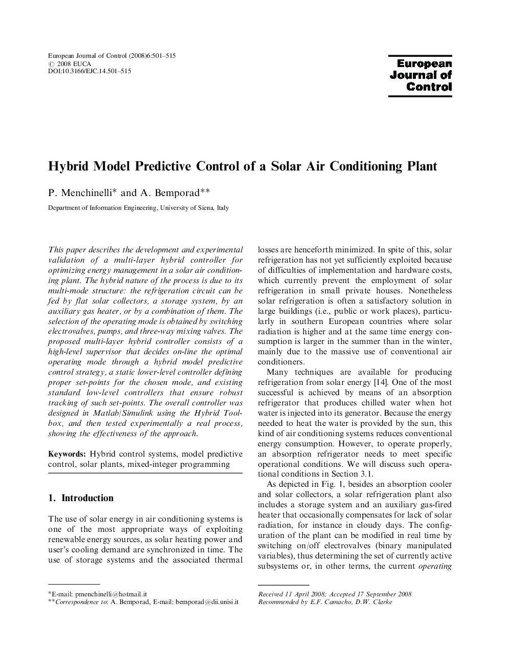 Hybrid Model Predictive Control of a Solar Air Conditioning Plant