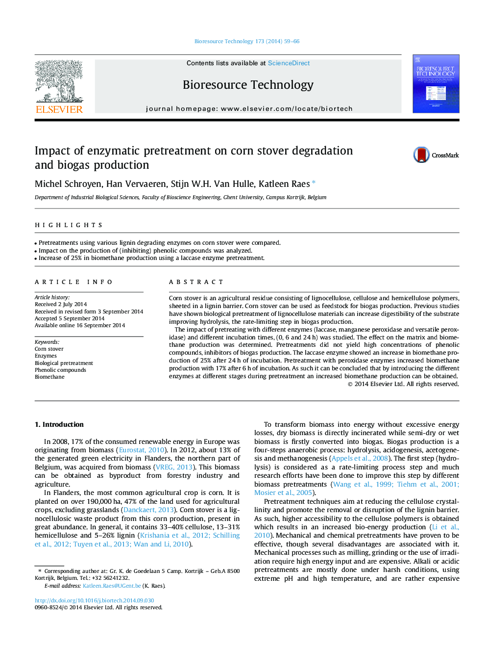 Impact of enzymatic pretreatment on corn stover degradation and biogas production