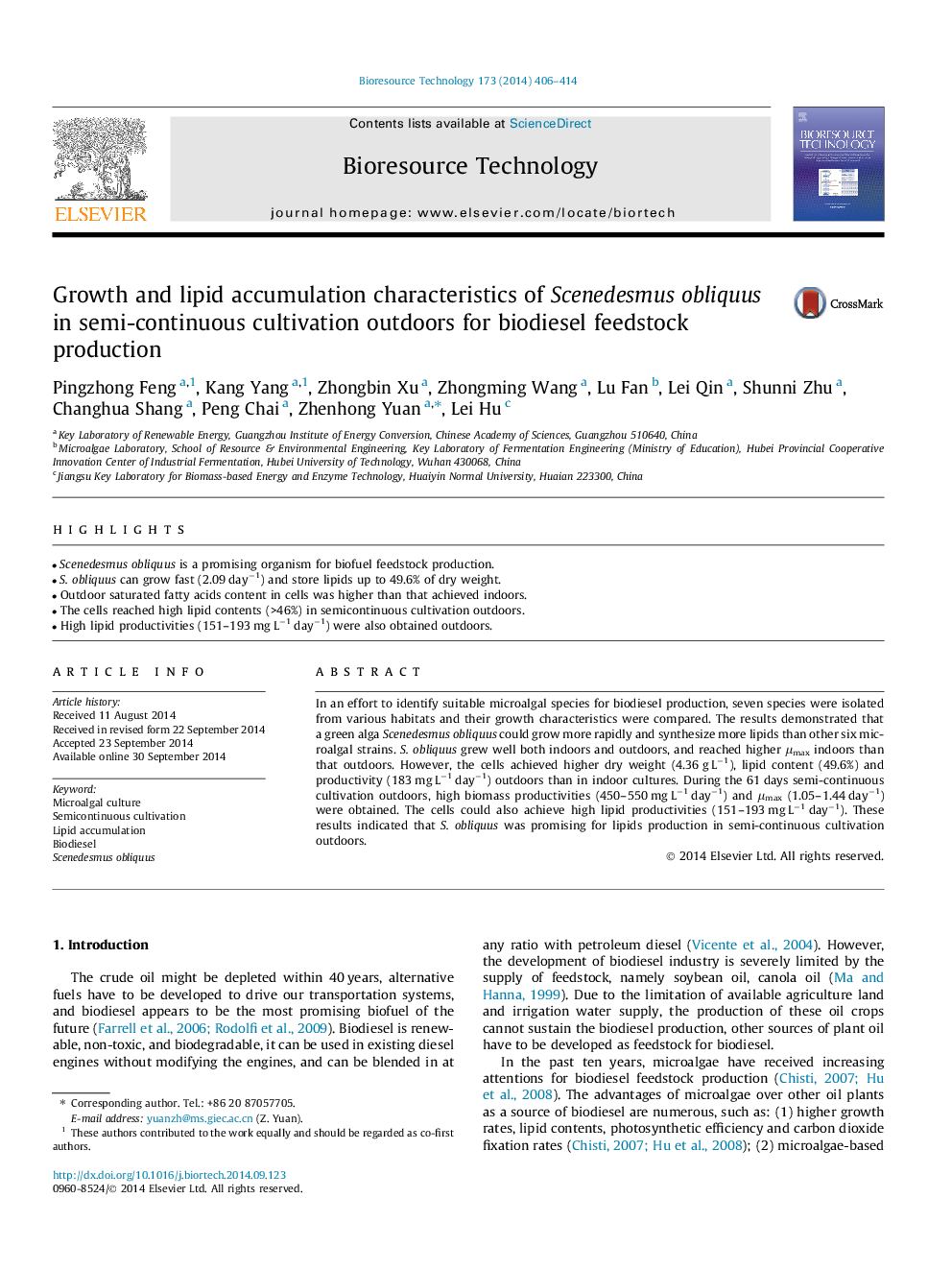 Growth and lipid accumulation characteristics of Scenedesmus obliquus in semi-continuous cultivation outdoors for biodiesel feedstock production