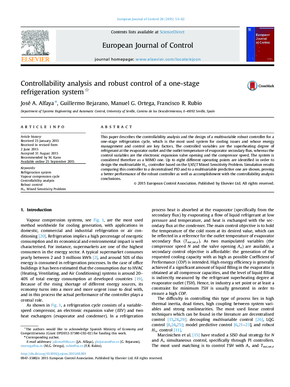 Controllability analysis and robust control of a one-stage refrigeration system 