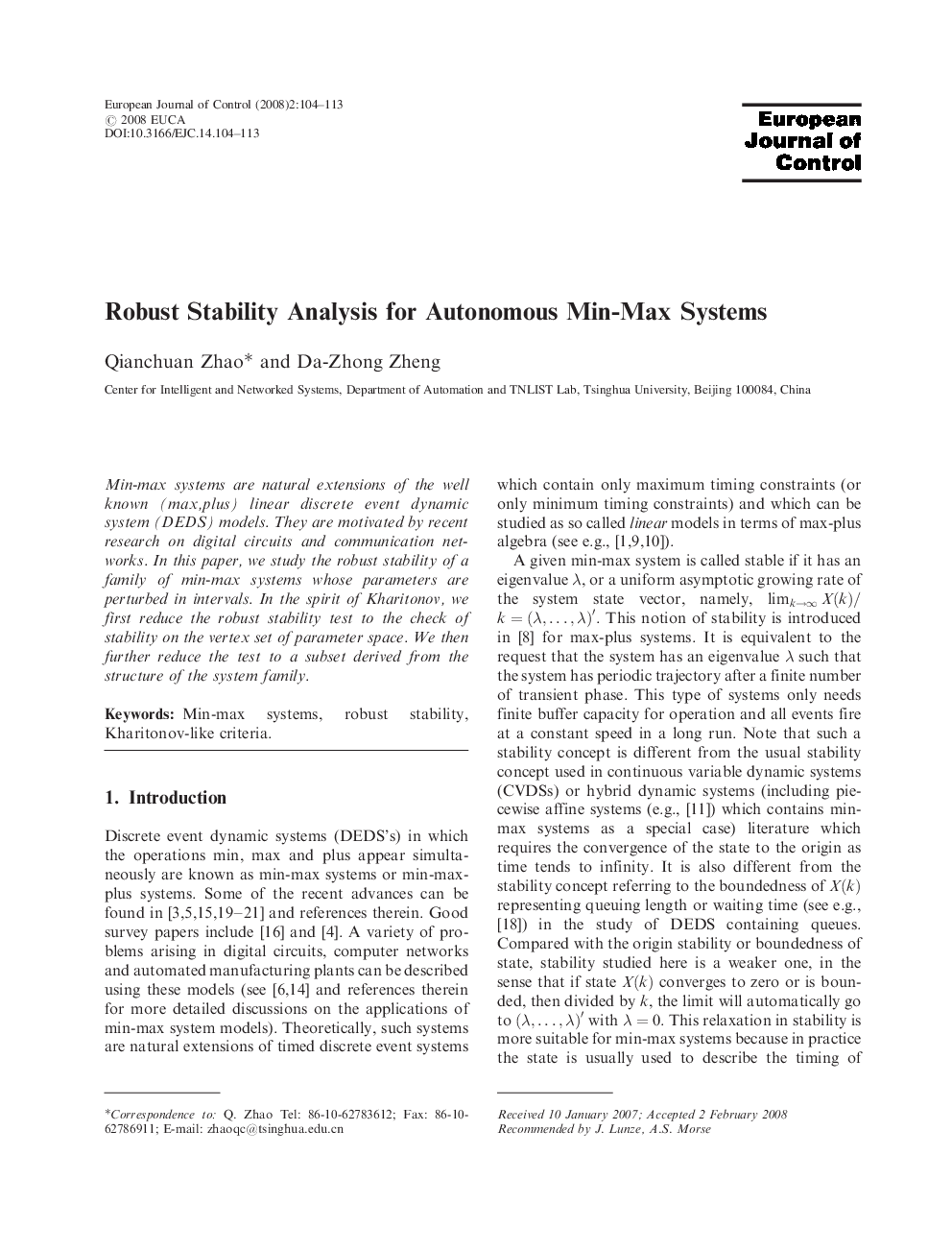 Robust Stability Analysis for Autonomous Min-Max Systems
