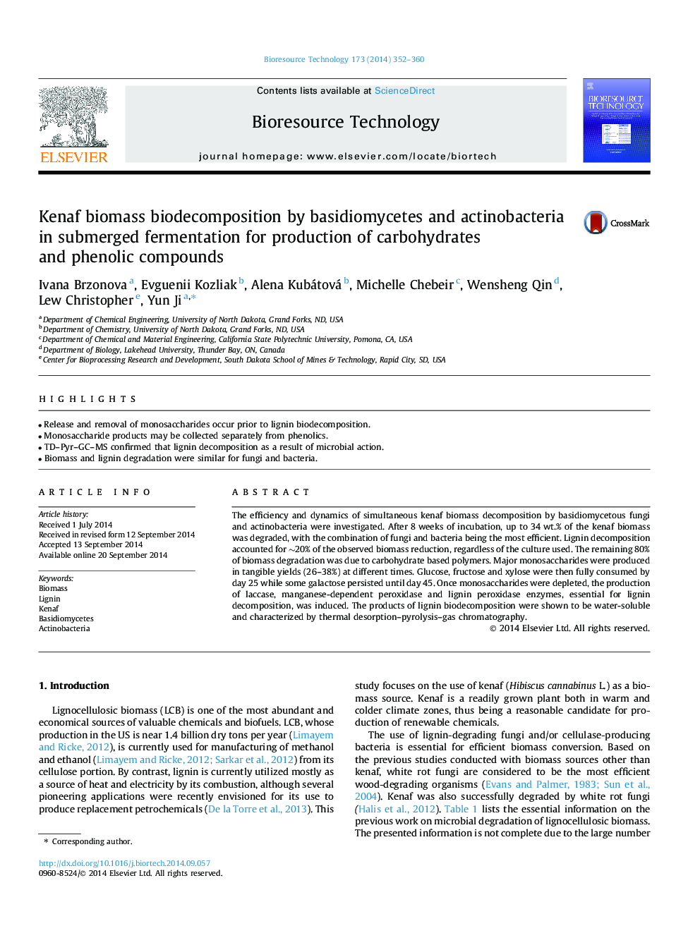 Kenaf biomass biodecomposition by basidiomycetes and actinobacteria in submerged fermentation for production of carbohydrates and phenolic compounds