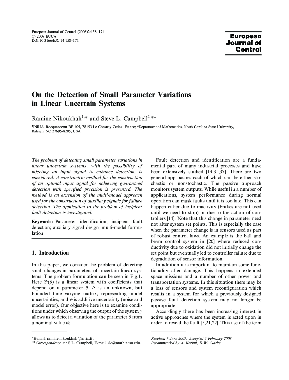 On the Detection of Small Parameter Variations in Linear Uncertain Systems