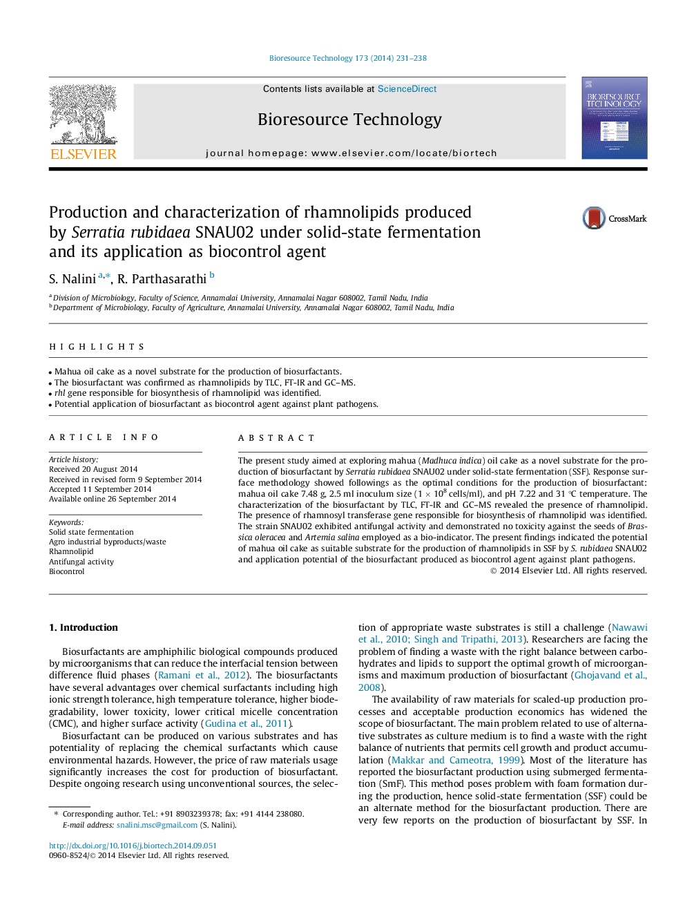 Production and characterization of rhamnolipids produced by Serratia rubidaea SNAU02 under solid-state fermentation and its application as biocontrol agent