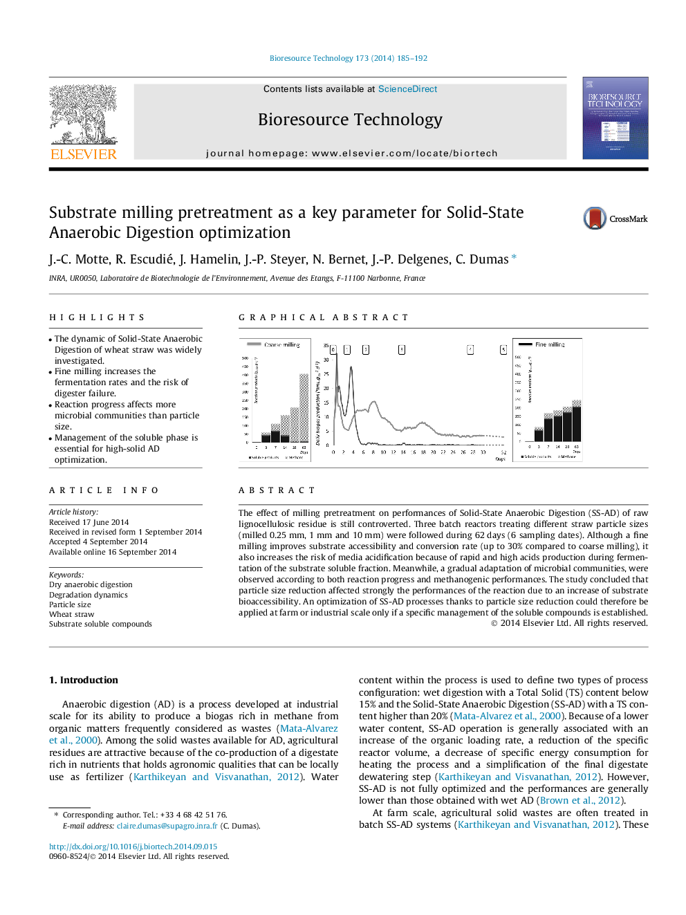 Substrate milling pretreatment as a key parameter for Solid-State Anaerobic Digestion optimization