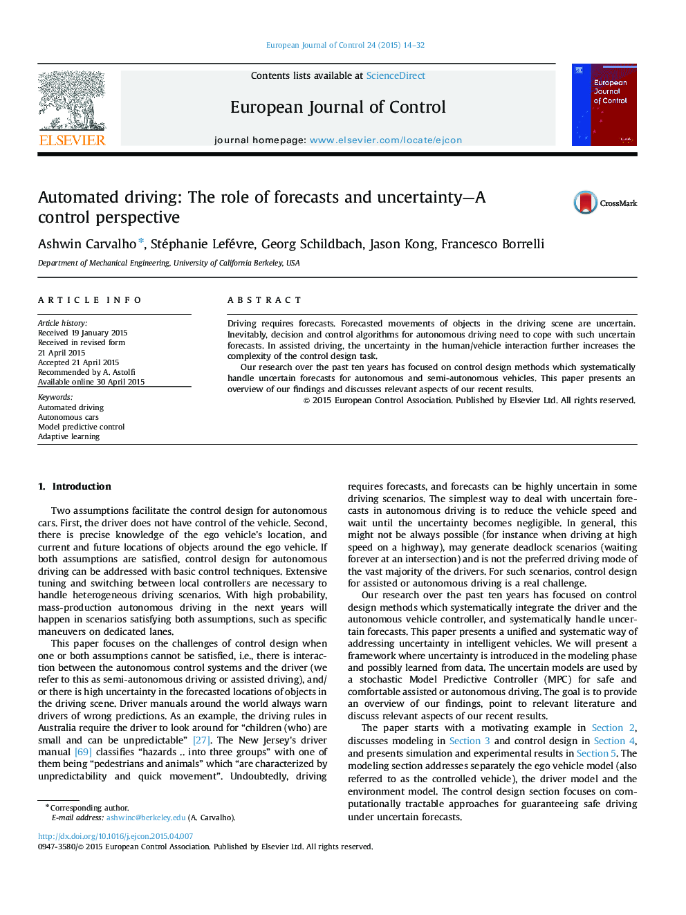 Automated driving: The role of forecasts and uncertainty—A control perspective