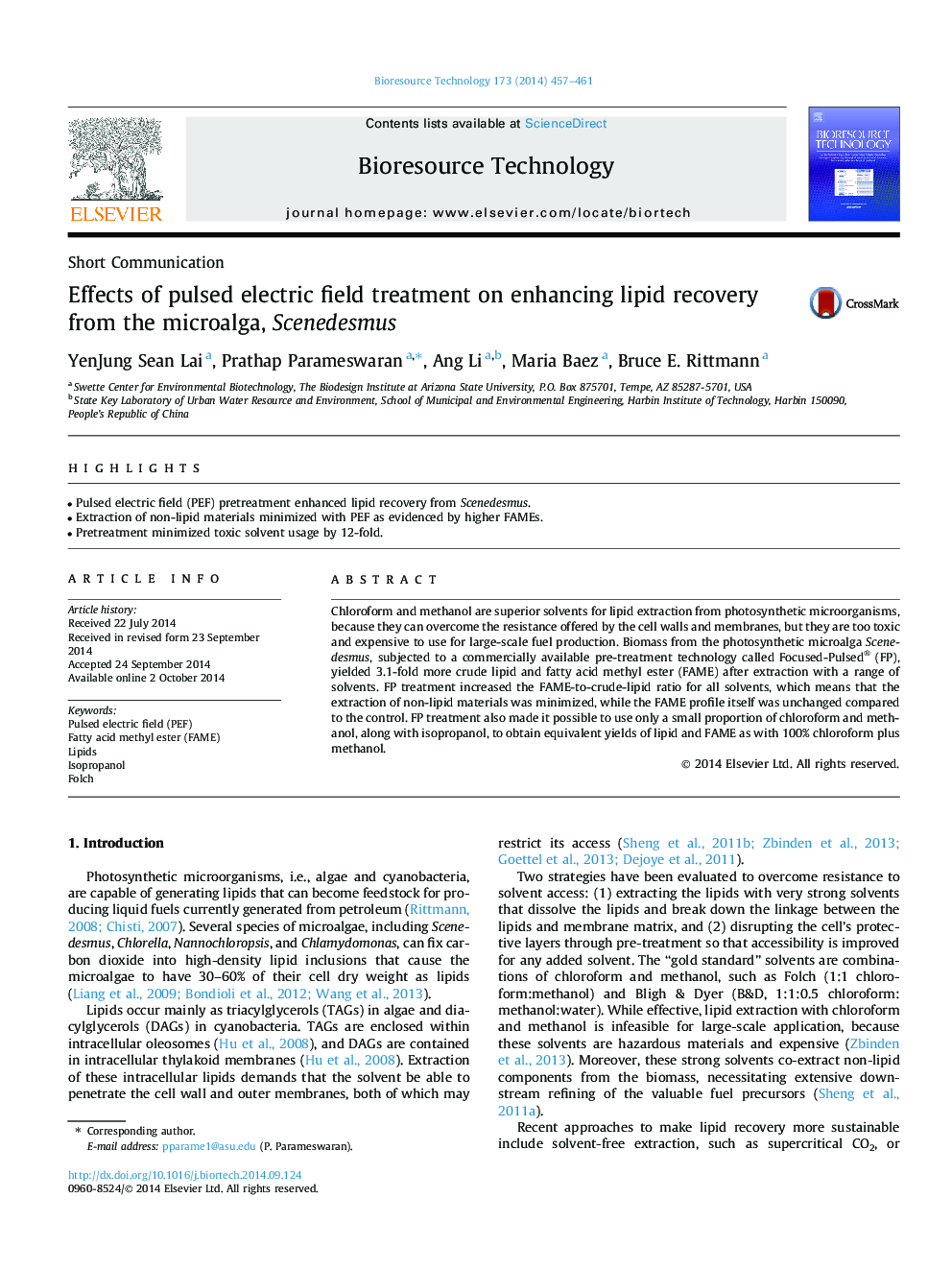 Effects of pulsed electric field treatment on enhancing lipid recovery from the microalga, Scenedesmus