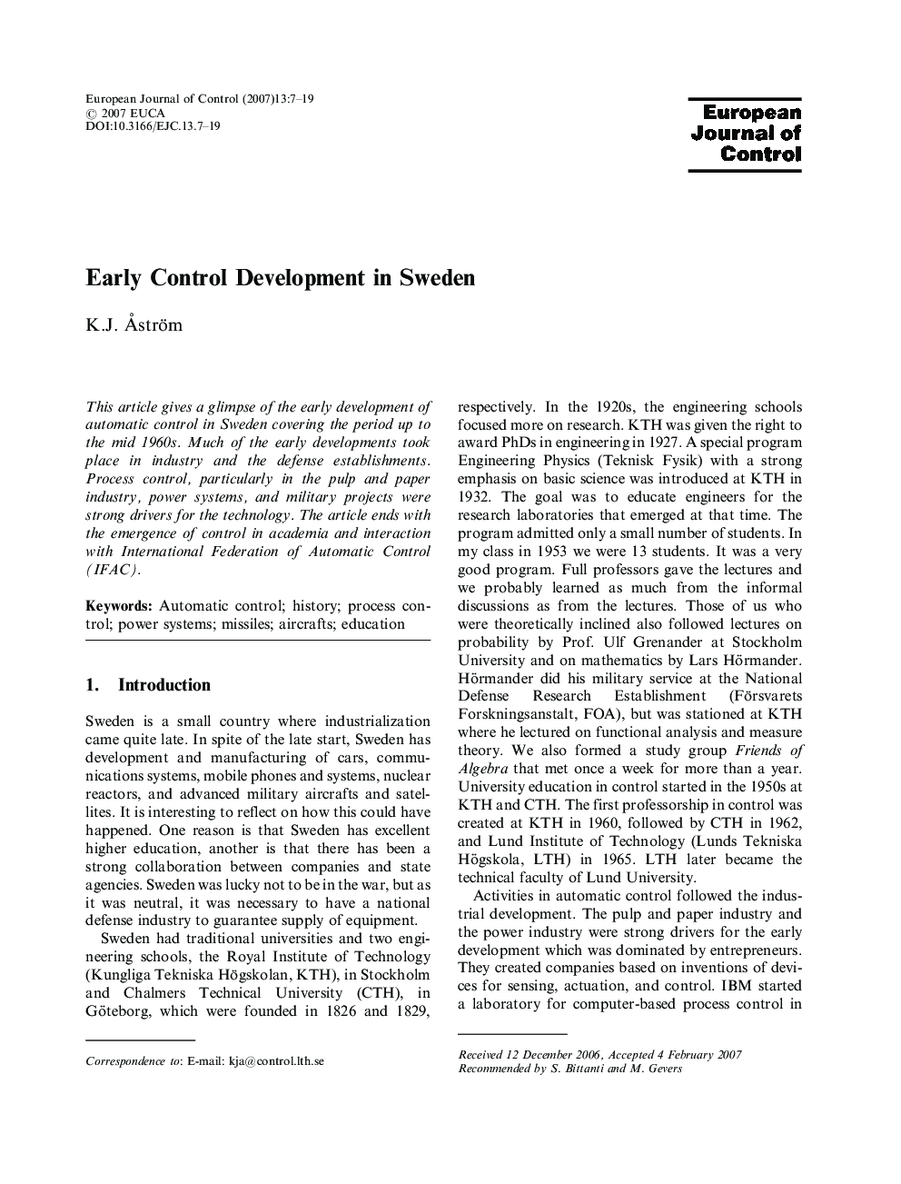 Early Control Development in Sweden