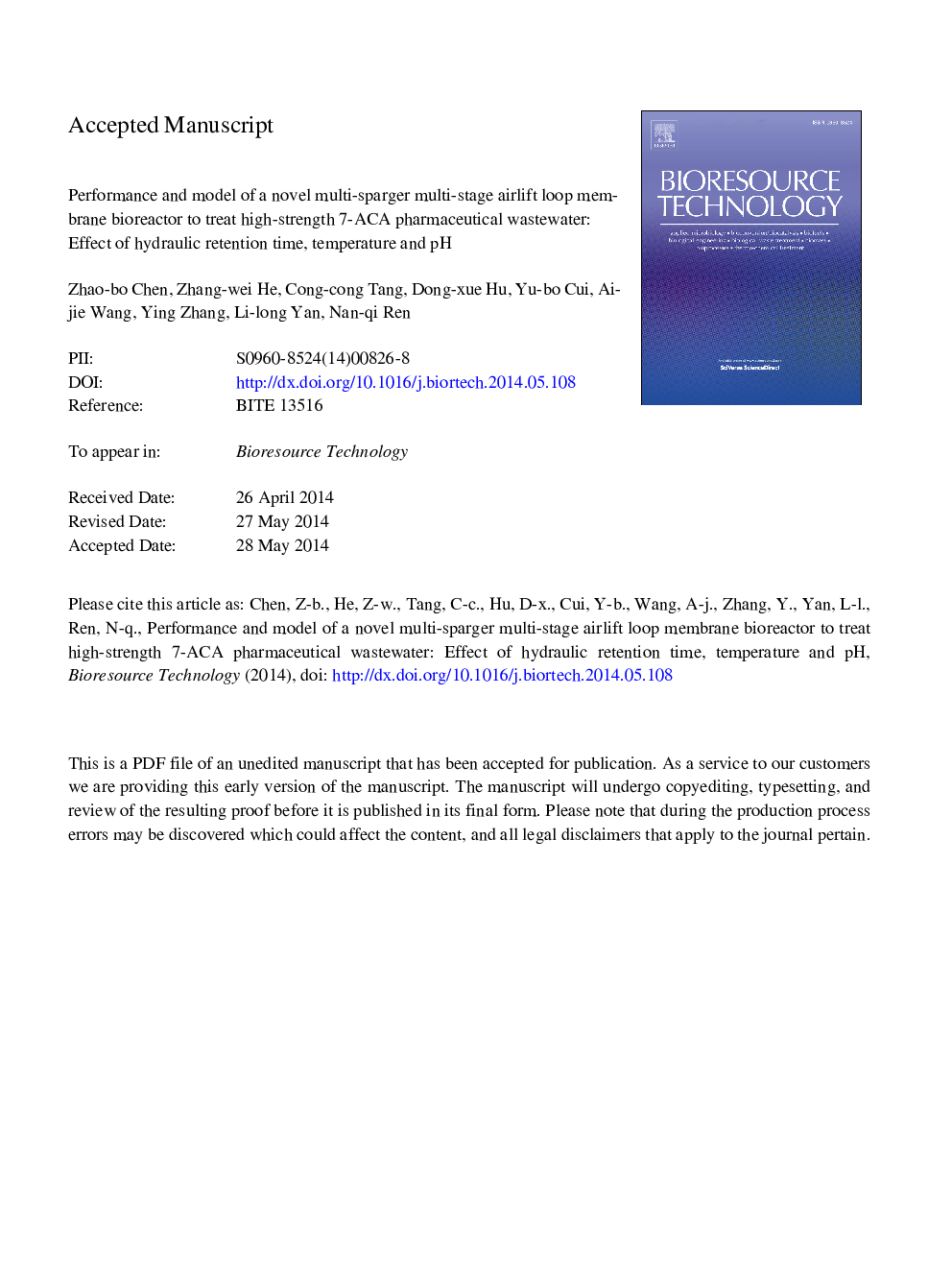 Performance and model of a novel multi-sparger multi-stage airlift loop membrane bioreactor to treat high-strength 7-ACA pharmaceutical wastewater: Effect of hydraulic retention time, temperature and pH