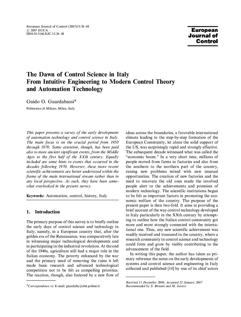 The Dawn of Control Science in Italy From Intuitive Engineering to Modern Control Theory and Automation Technology