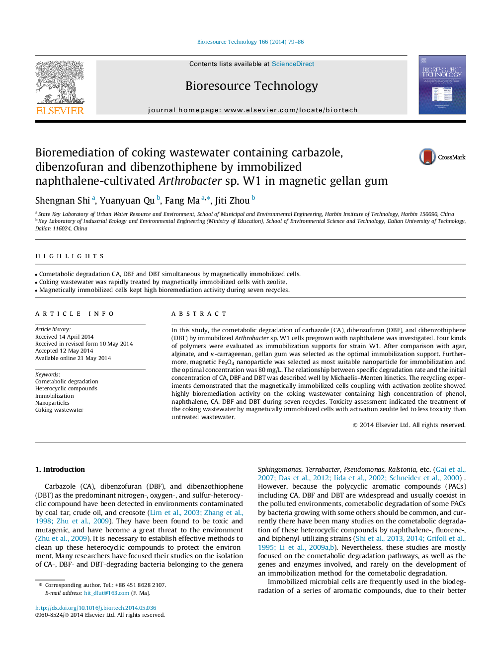 Bioremediation of coking wastewater containing carbazole, dibenzofuran and dibenzothiphene by immobilized naphthalene-cultivated Arthrobacter sp. W1 in magnetic gellan gum