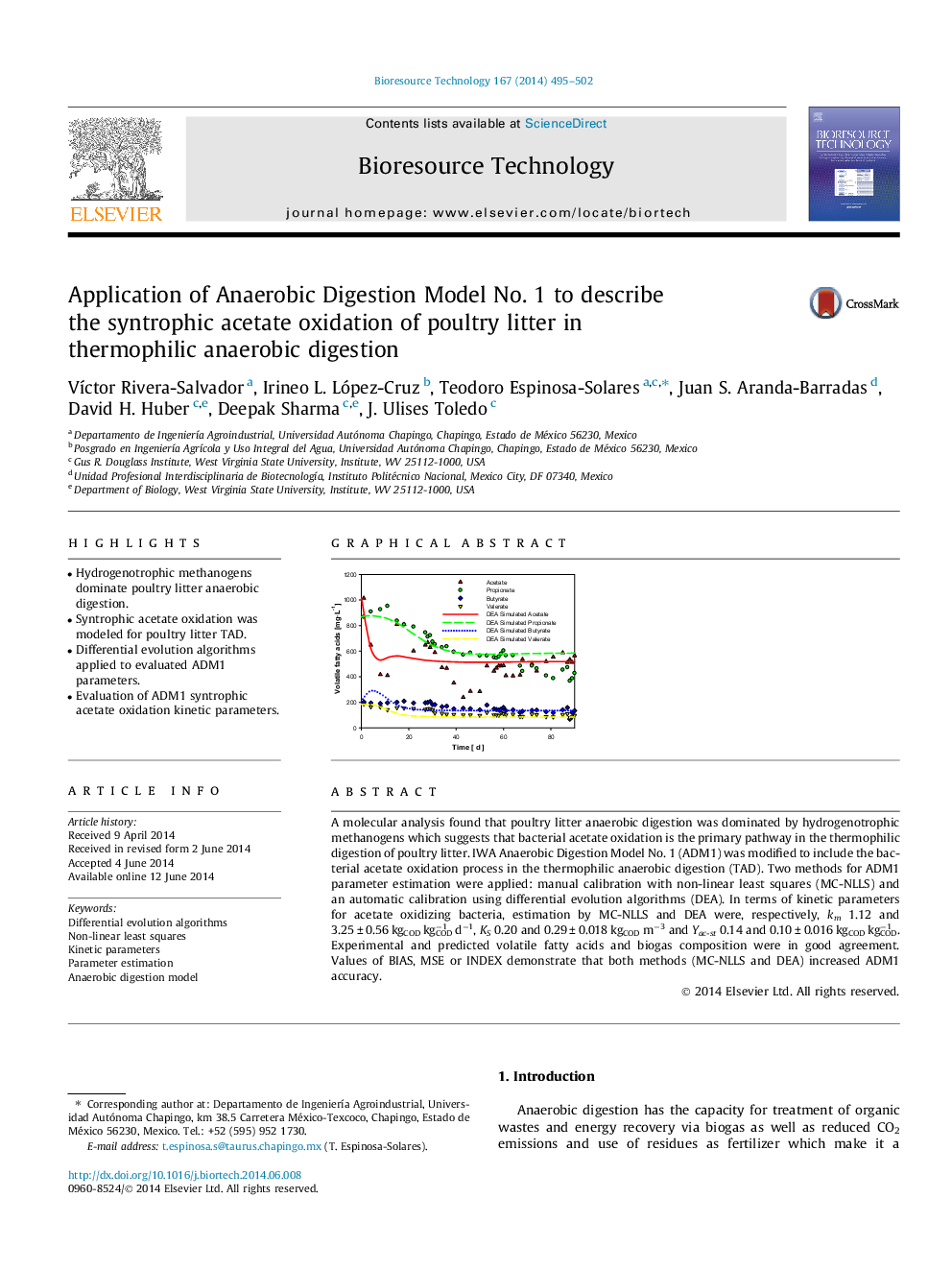 Application of Anaerobic Digestion Model No. 1 to describe the syntrophic acetate oxidation of poultry litter in thermophilic anaerobic digestion