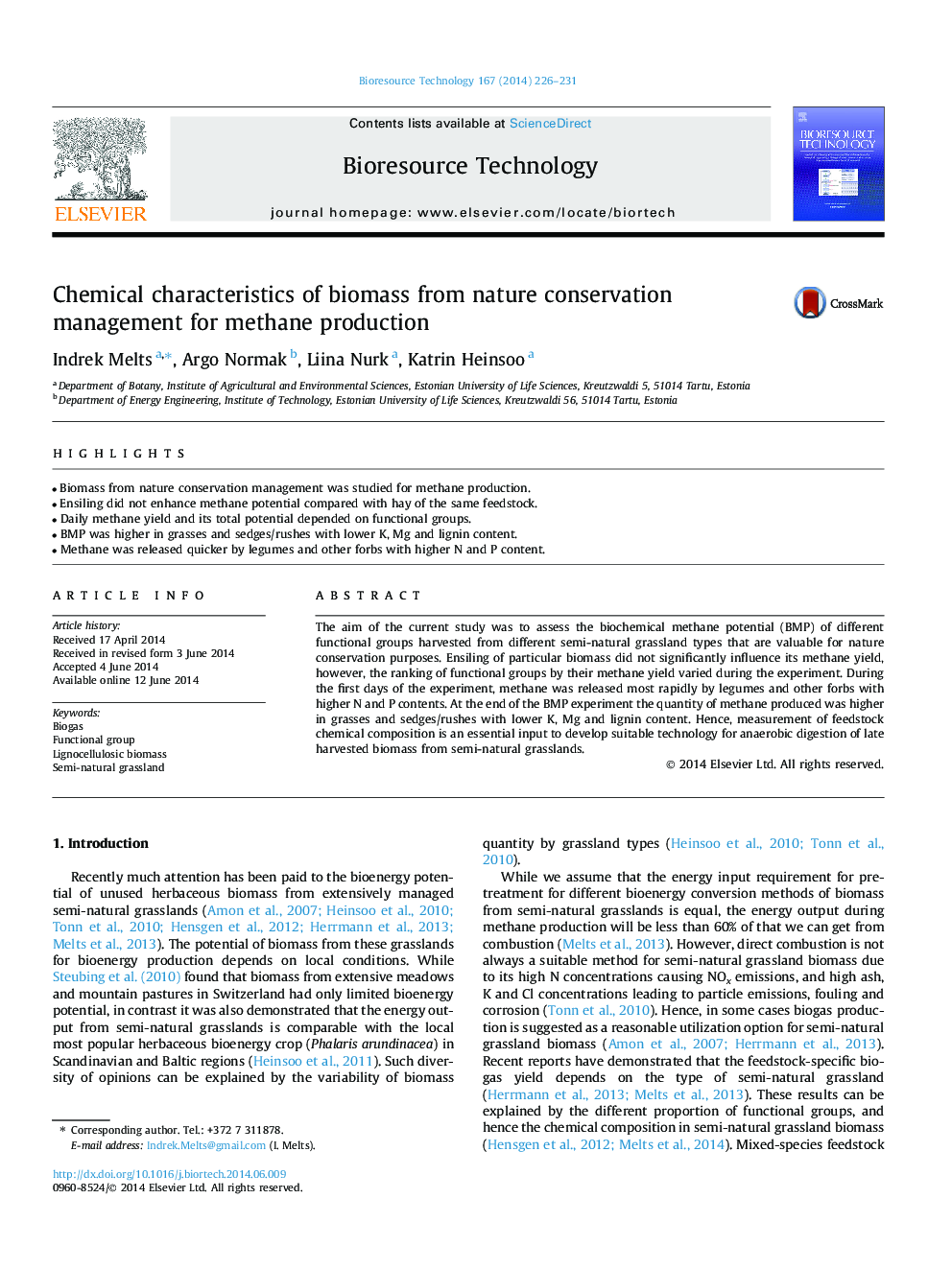 Chemical characteristics of biomass from nature conservation management for methane production