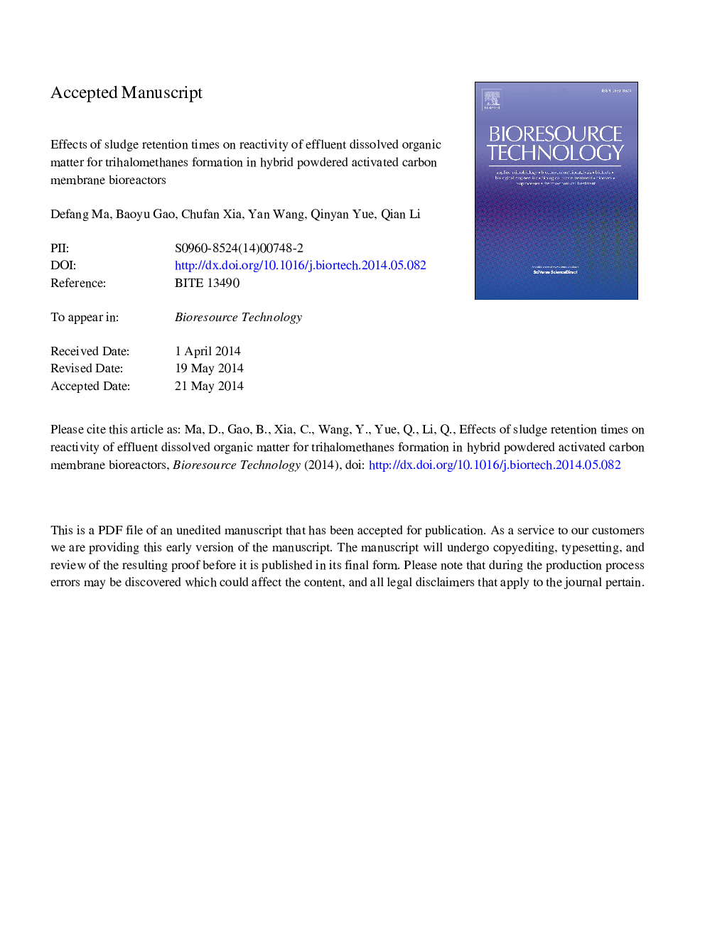 Effects of sludge retention times on reactivity of effluent dissolved organic matter for trihalomethane formation in hybrid powdered activated carbon membrane bioreactors