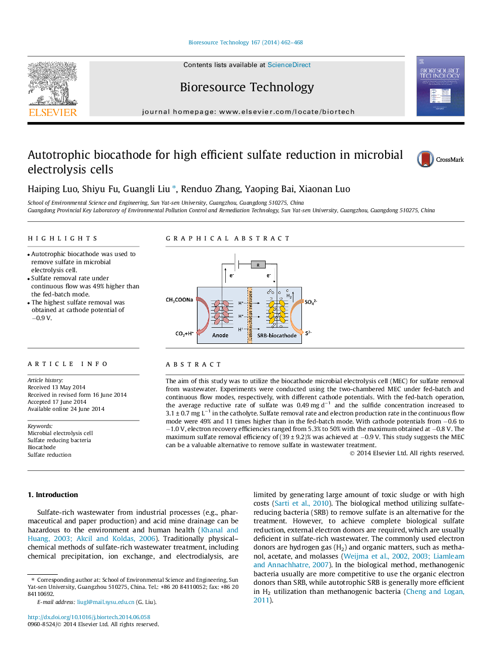 Autotrophic biocathode for high efficient sulfate reduction in microbial electrolysis cells