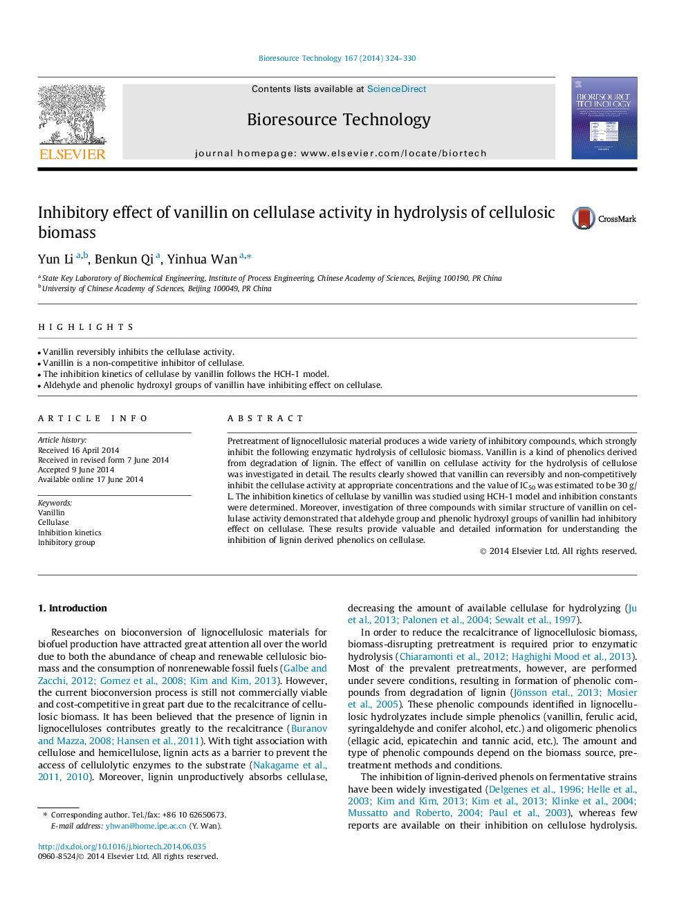 Inhibitory effect of vanillin on cellulase activity in hydrolysis of cellulosic biomass