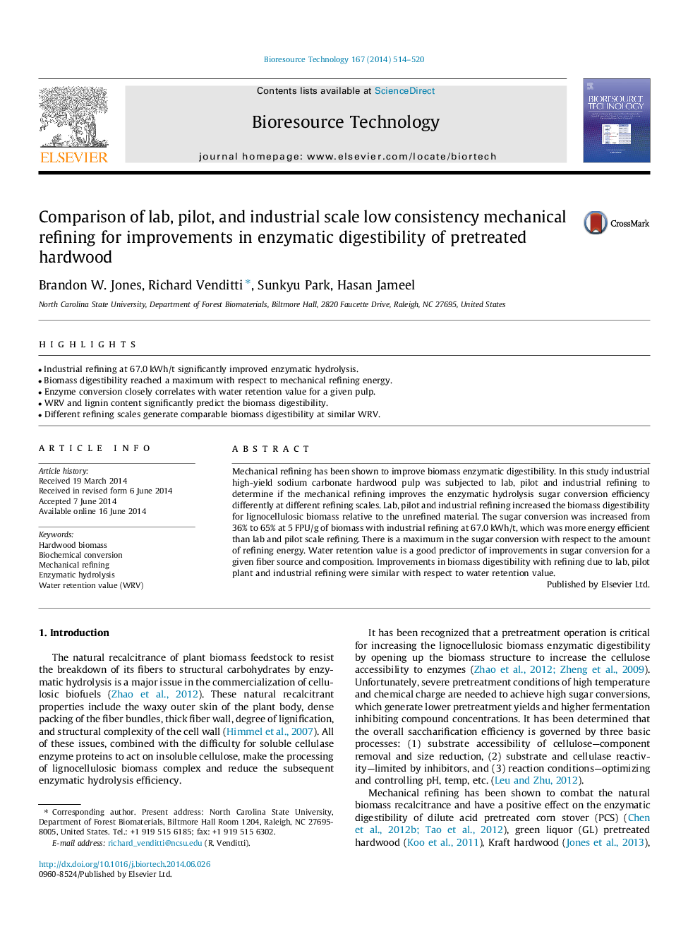 Comparison of lab, pilot, and industrial scale low consistency mechanical refining for improvements in enzymatic digestibility of pretreated hardwood