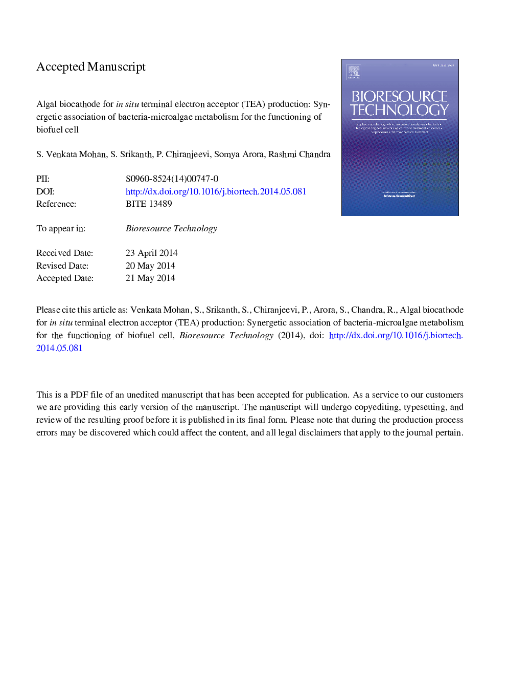 Algal biocathode for in situ terminal electron acceptor (TEA) production: Synergetic association of bacteria-microalgae metabolism for the functioning of biofuel cell