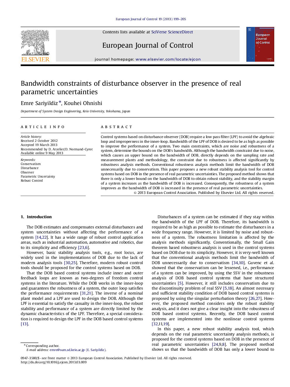 Bandwidth constraints of disturbance observer in the presence of real parametric uncertainties