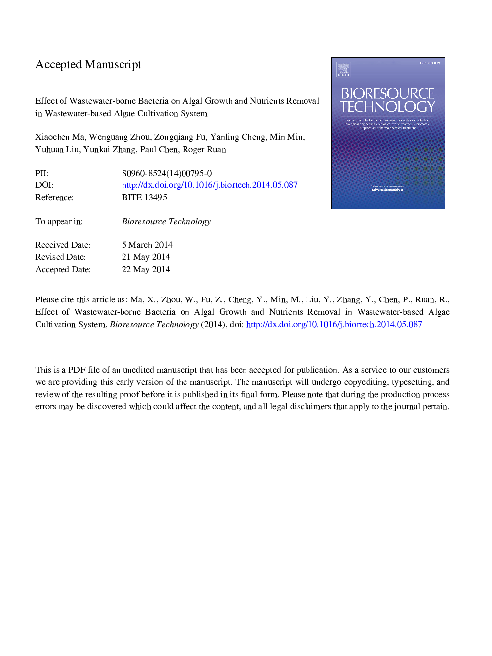 Effect of wastewater-borne bacteria on algal growth and nutrients removal in wastewater-based algae cultivation system