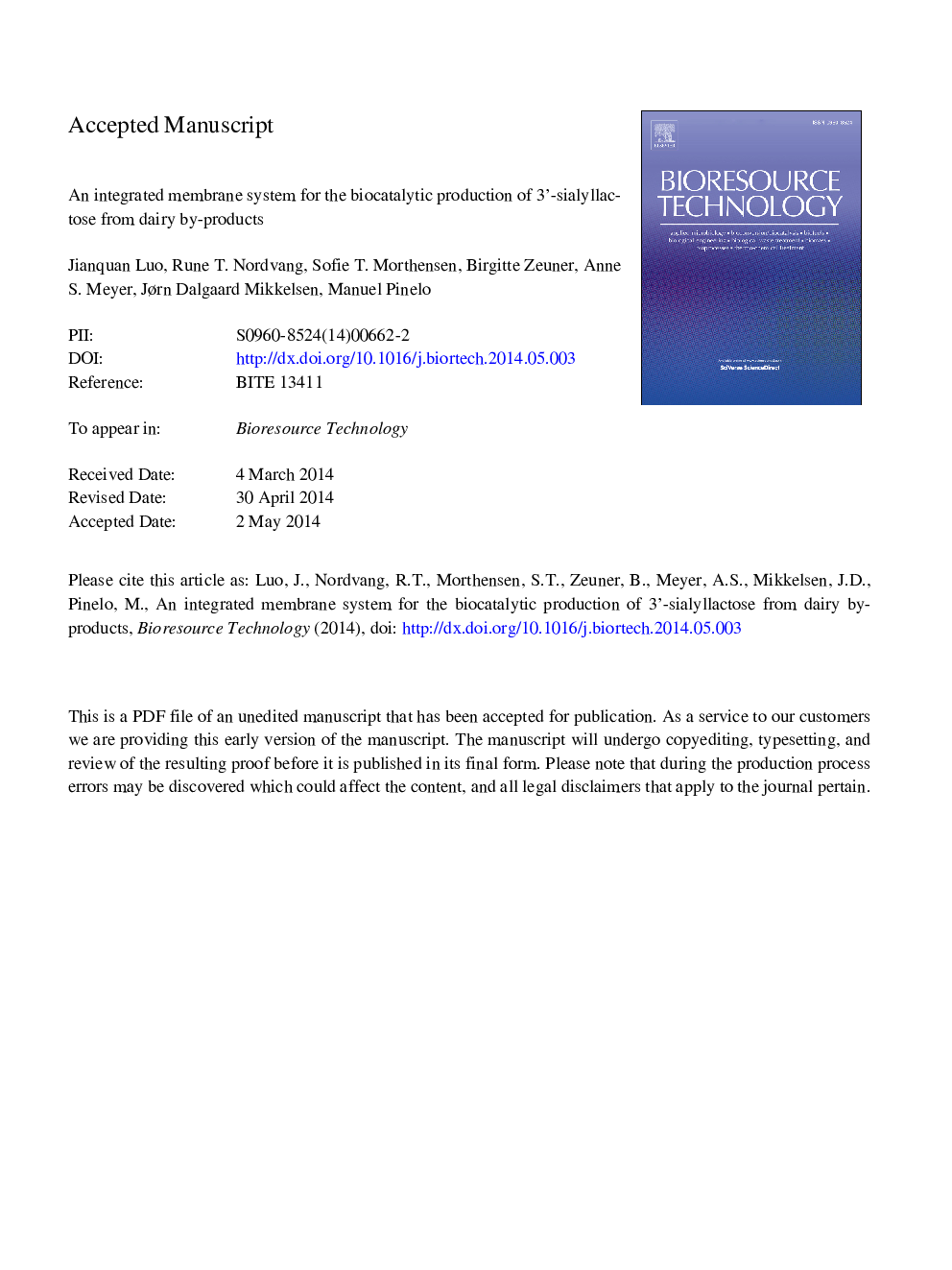 An integrated membrane system for the biocatalytic production of 3â²-sialyllactose from dairy by-products