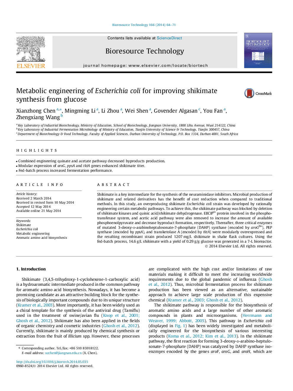 Metabolic engineering of Escherichia coli for improving shikimate synthesis from glucose