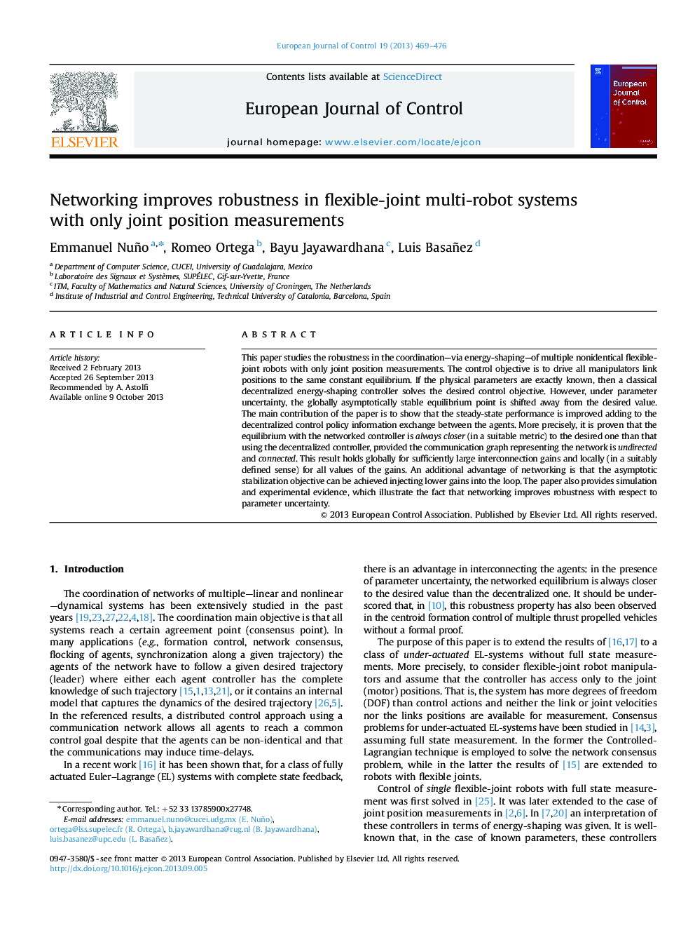 Networking improves robustness in flexible-joint multi-robot systems with only joint position measurements