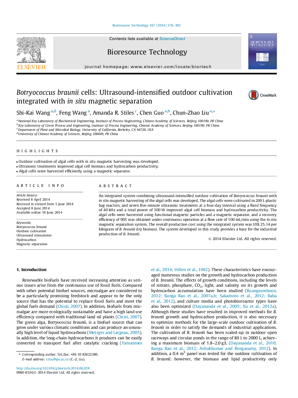 Botryococcus braunii cells: Ultrasound-intensified outdoor cultivation integrated with in situ magnetic separation