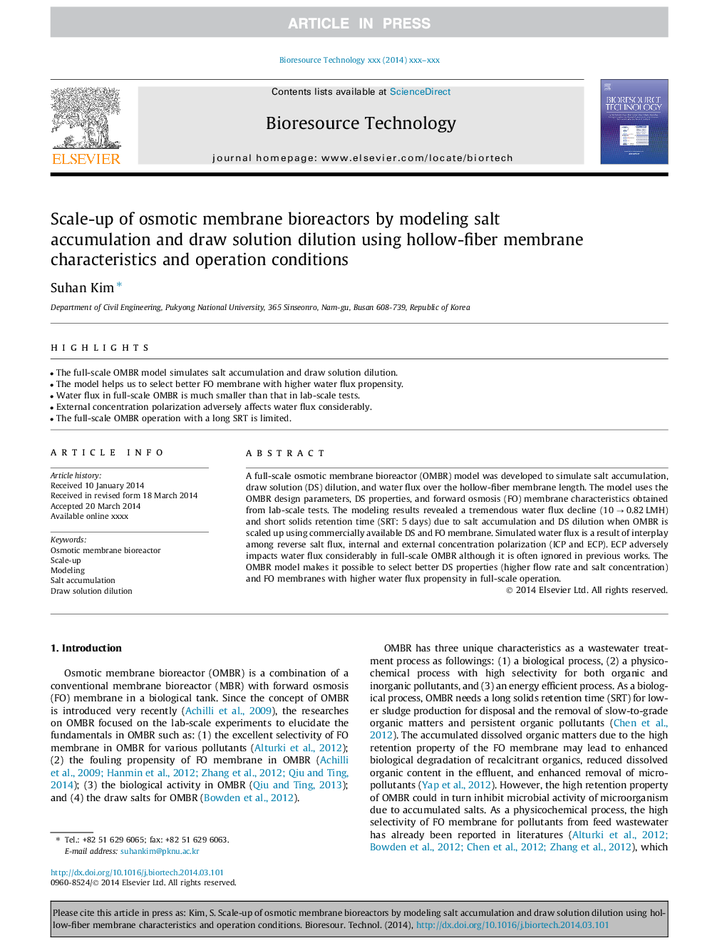 Scale-up of osmotic membrane bioreactors by modeling salt accumulation and draw solution dilution using hollow-fiber membrane characteristics and operation conditions