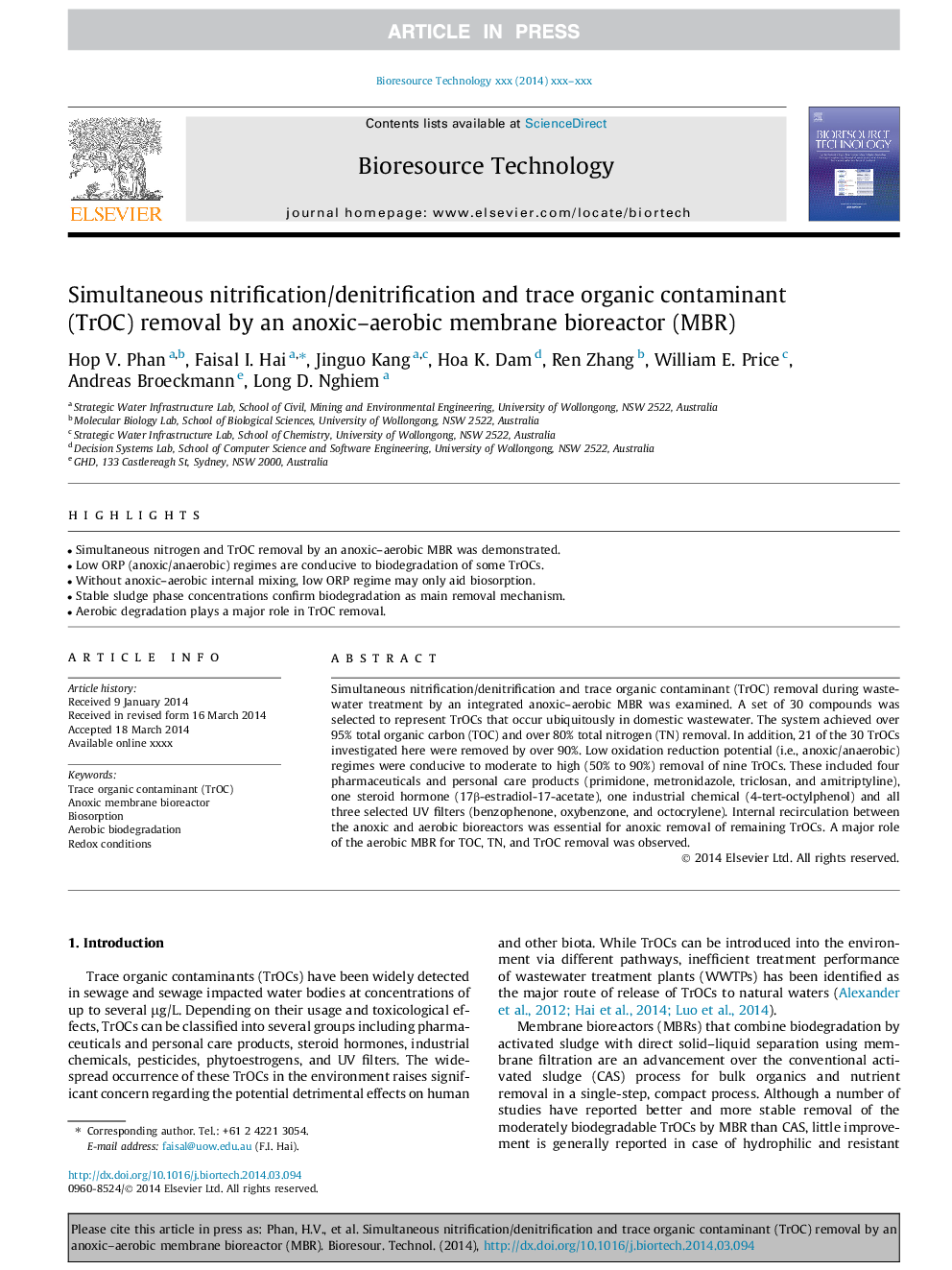 Simultaneous nitrification/denitrification and trace organic contaminant (TrOC) removal by an anoxic-aerobic membrane bioreactor (MBR)