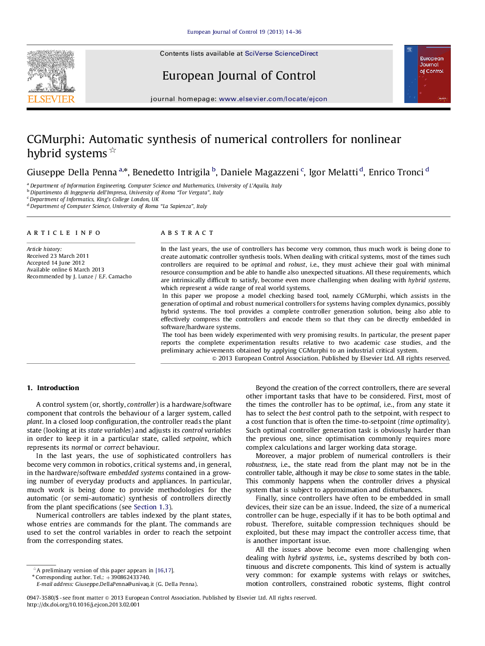 CGMurphi: Automatic synthesis of numerical controllers for nonlinear hybrid systems 